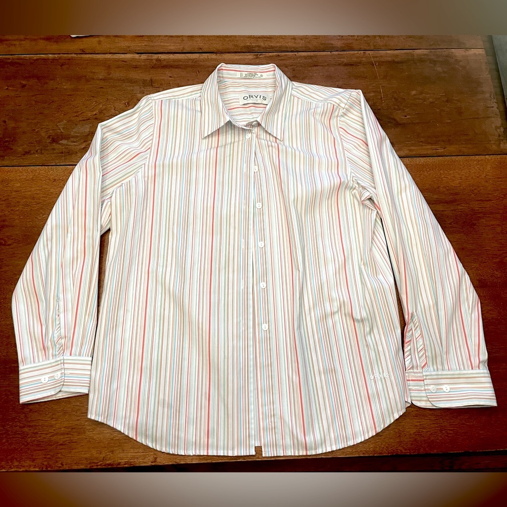 Orvis blue pink green yellow striped long sleeve button down size 14